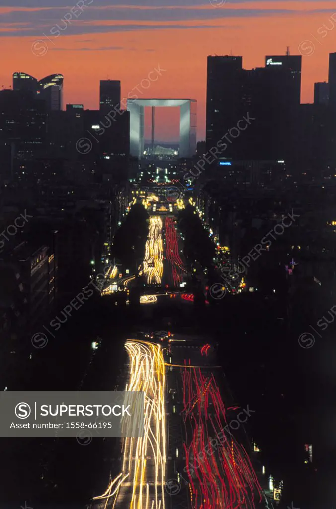 France, Paris, district La Defense,  view at the city, light tracks, evening  Europe, metropolis, city, capital, street, multilane, traffic, cars, lig...
