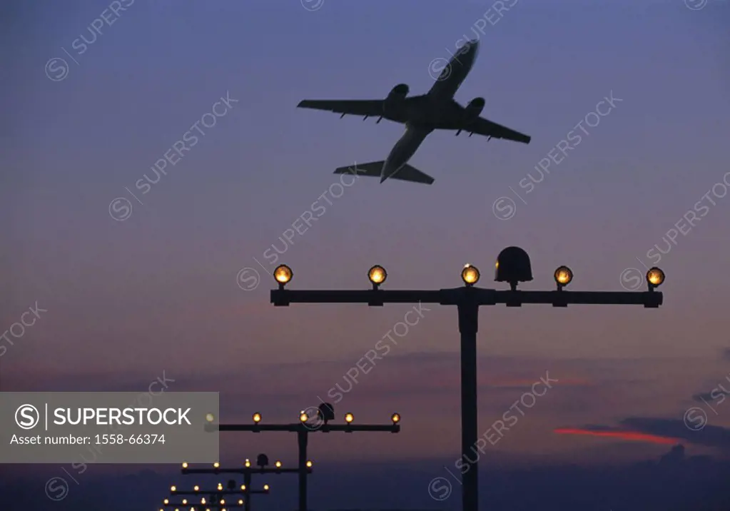 Airport, country help, airplane,  Silhouette, twilight,  Aeronautics, runway, runway, labeling, lights, headlights, start, passenger airplane, trip, f...
