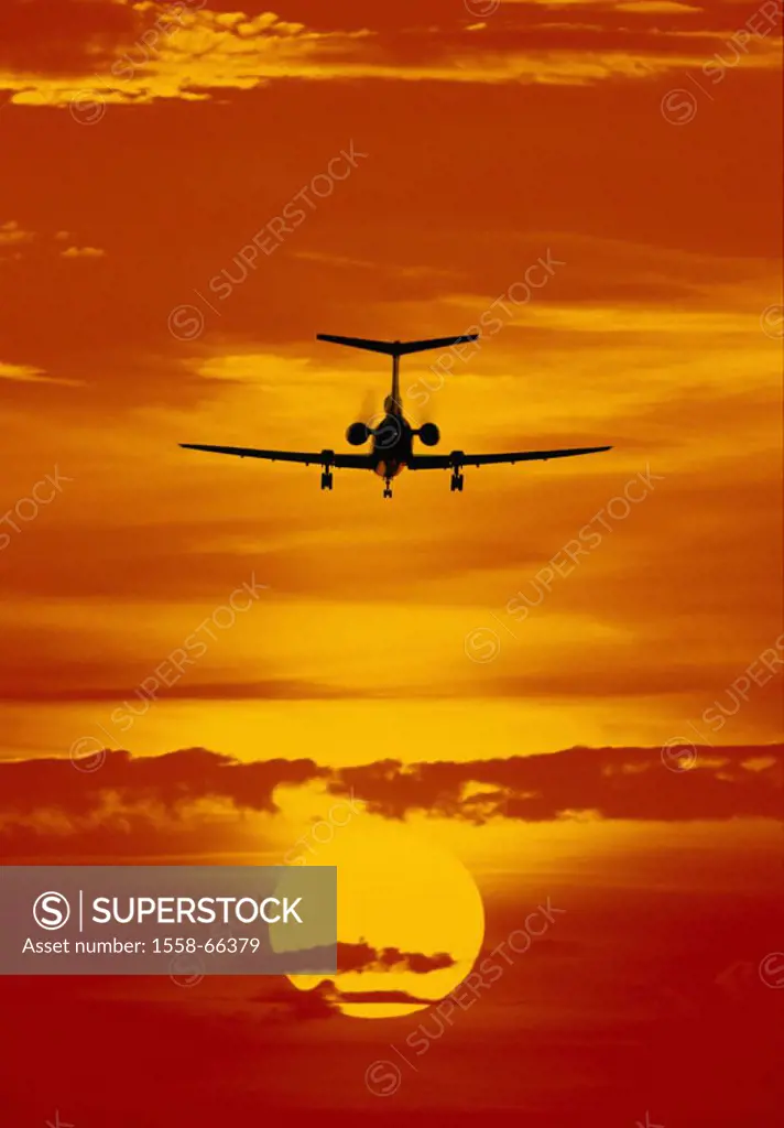 Airplane, silhouette, sunset  M Aeronautics, passenger airplane, scheduled flight stuff, persons airplane, passenger machine, trip, flight trip, lon...