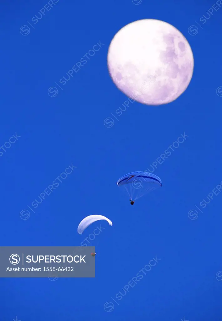 Gleitschirmflieger, full moon,  M heaven, moon, evening, sport, air sport, sport, Paragliding, two, hobby, leisure time, concept, hovers, glides, ea...