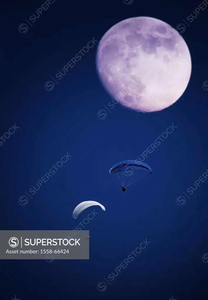 Gleitschirmflieger, night, full moon  M heaven, moon, evening, sport, air sport, sport, Paragliding, two, hobby, leisure time, concept, hovers, glid...