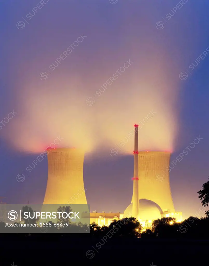 Germany, Bavaria, Lower Franconia,  Count rheic field, nuclear power plant,  Cool towers, evening, Energy, energy extraction, stream, tramp generation...