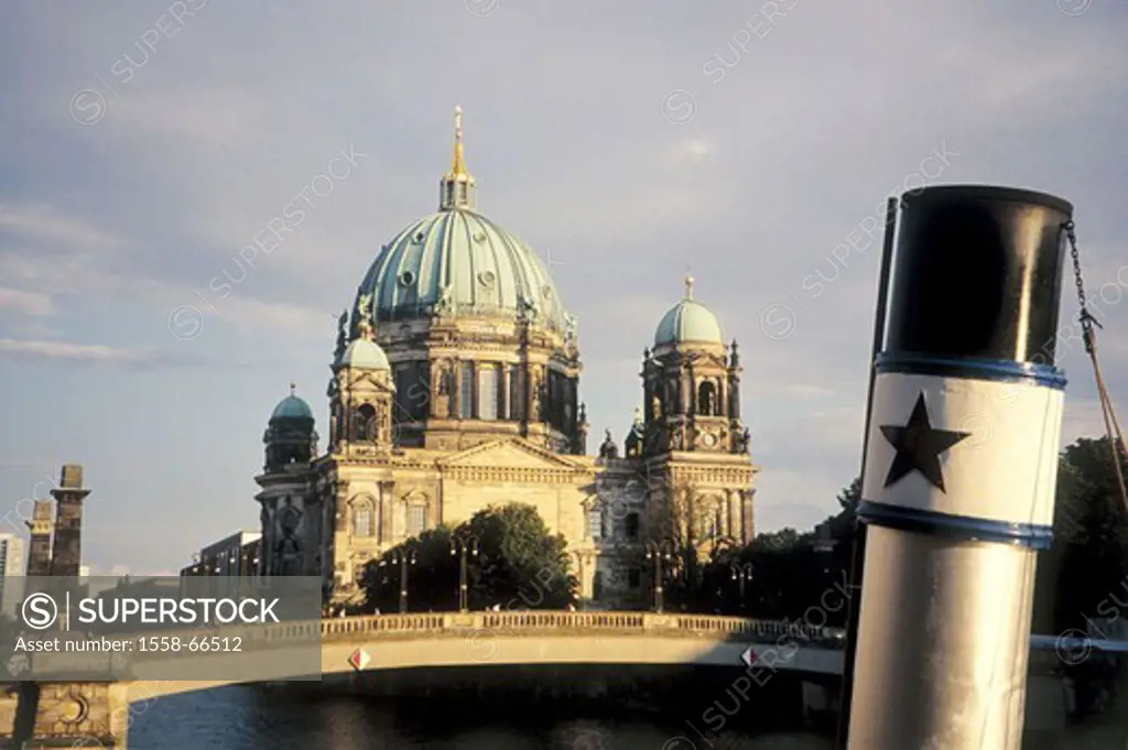 Germany, Berlin, Berlin cathedral,  Friedrich bridge, Spree, steamers, Detail, chimney, Europe, Berlin middle, bishop church, main church, church, bui...