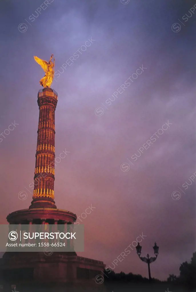 Germany, Berlin, zoo, Siegessäule, illumination,  Evening mood Europe, place ´big star´ column ´Siegesgöttin Viktoria´, angels, golden, gilds, 1864-73...