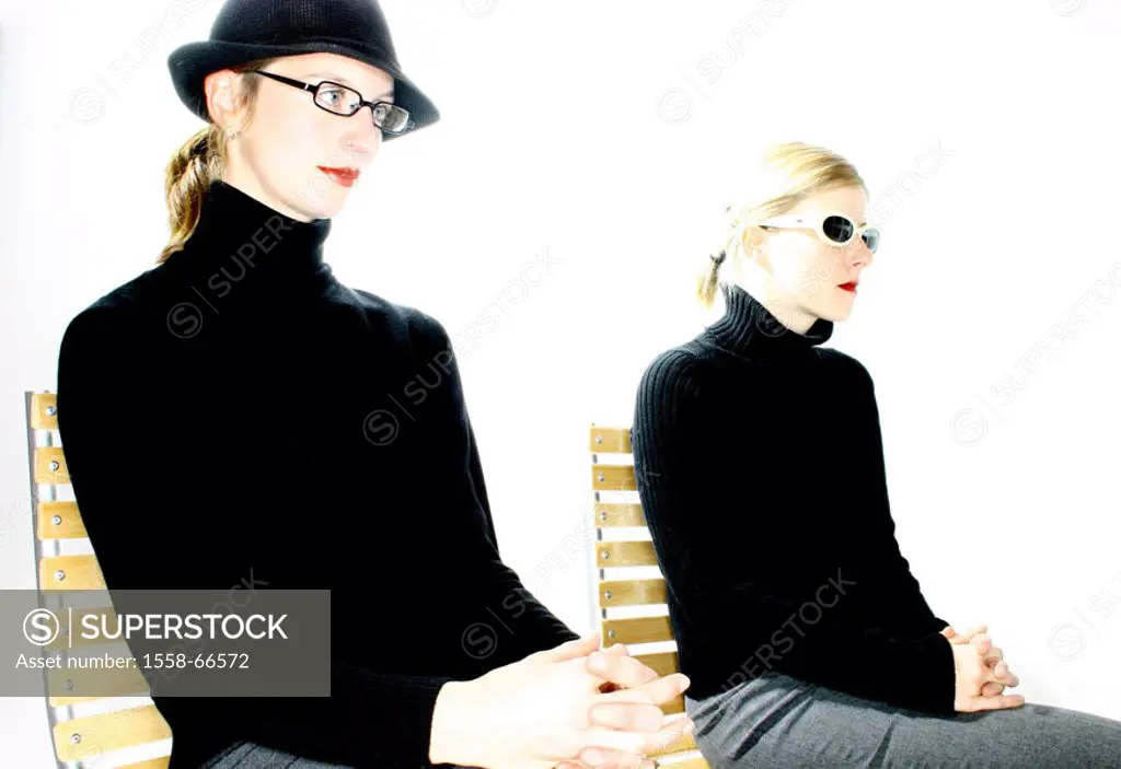Women, young, blond, glasses, sitting, Chairs, sorrowfully, thoughtful  20-30 years, friends, sisters, friendship,  Partnerlook, Fashion, style, Look,...