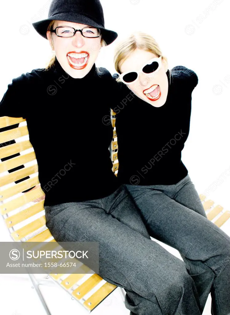 Women, young, blond, glasses, sitting, Chairs, facial expression, scream  20-30 years, friends, sisters, friendship,  Partnerlook, Fashion, style, Loo...