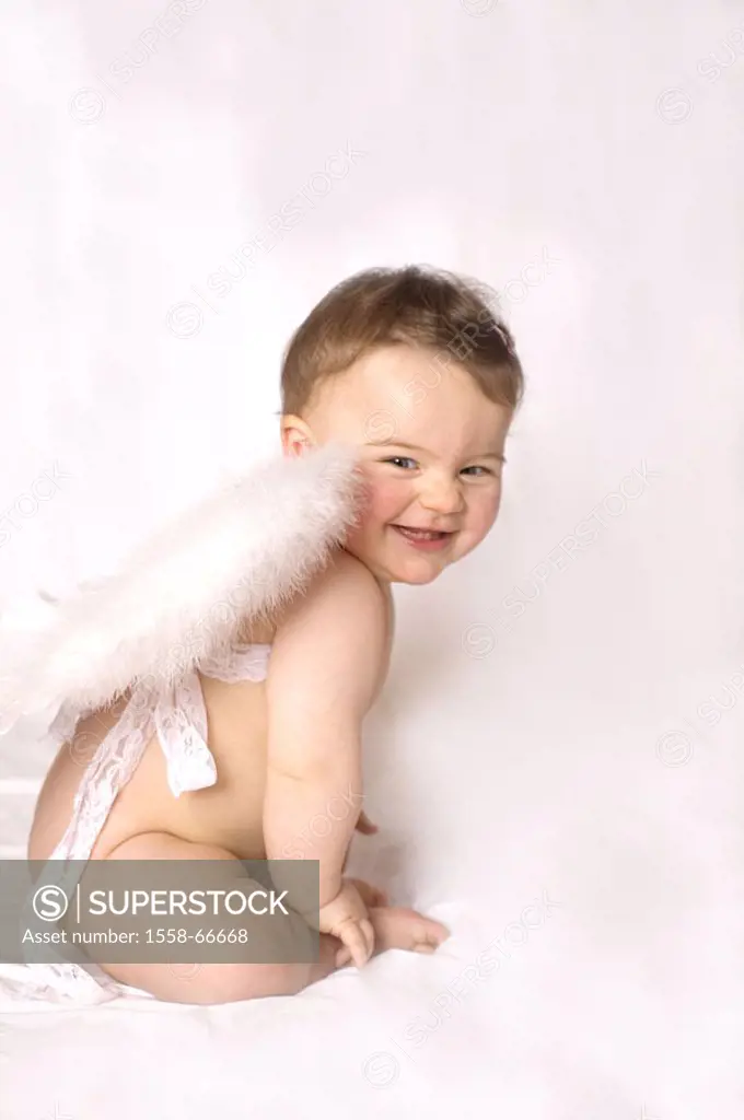 Toddler, girls, naked, Angel wing white, laughing, playing  Child, baby, 8 months, angels, wing, little angels, elf, fairy, playful, cheerfully, freel...