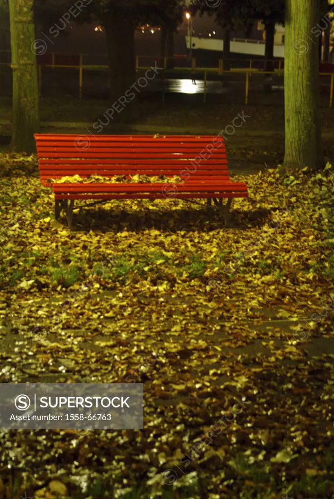 Park, bench, red, fall foliage, Evening  Park, park bank, bank, seat, abandoned, foliage,  Italy, Venice, district S.Elena, concept, silence, Nurse, l...