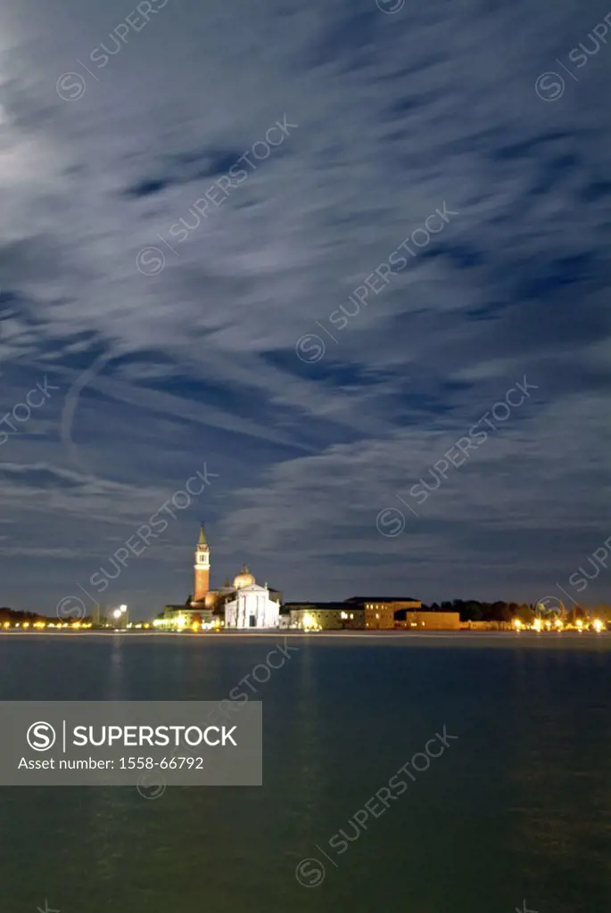 Italy, Venice, Isola San Giorgio  Maggiore, basilica San Giorgio,  Maggiore, Campanile, illumination, night, Europe, Venetien, lagoon city, Canale di ...