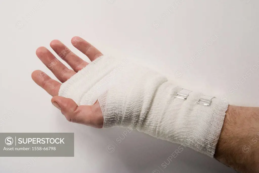 Man, detail, hand, association,   Medicine, public health, illness, men´s hand, patient, injury, wound, protective bandage, bandage, wound dressing, b...