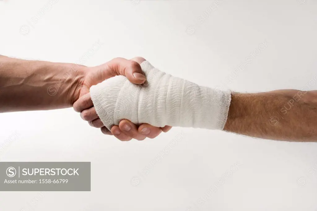Men, detail, handshake, hand,  Association  Illness, Männerhande, doctor, patient, contrast healthy sick, hurts, injury, wound, bandage, protective ba...