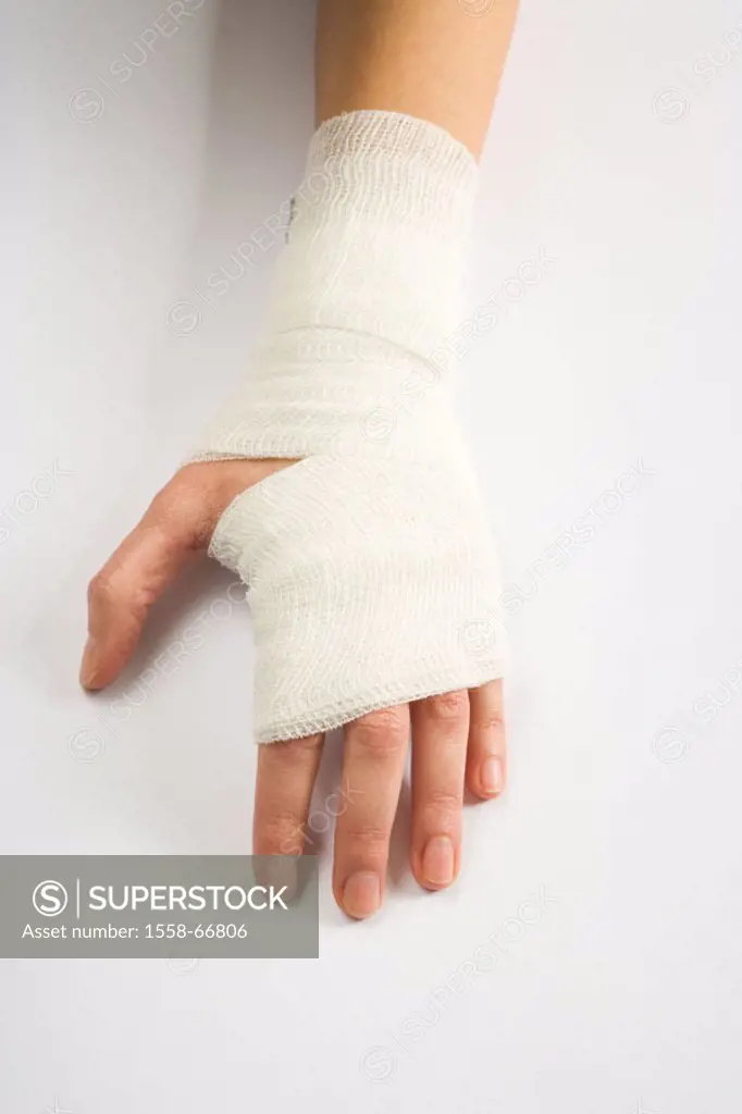 Woman, detail, hand, association, from above   Medicine, public health, illness, women hand, female patient, injury, wound, protective bandage, bandag...