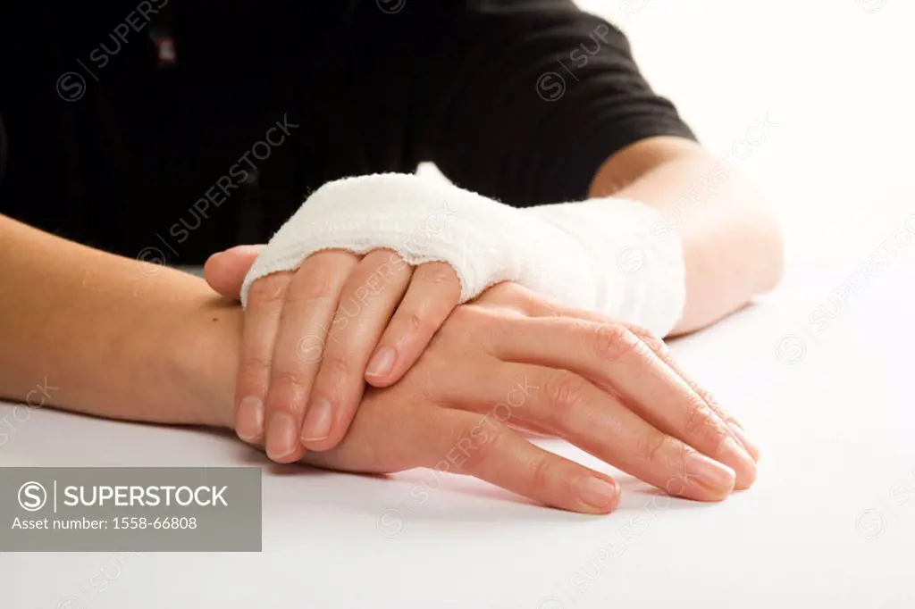 Person, sitting, detail, hand, association   Medicine, illness, women hand, female patient, injury, wound, protective bandage, bandage, wound dressing...