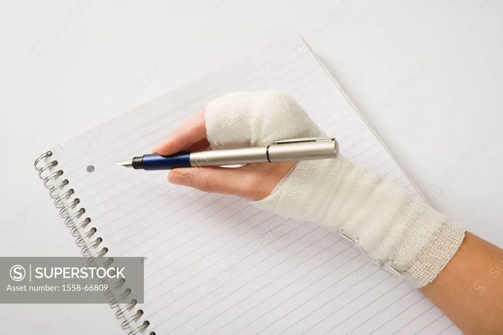 Woman, detail, hand, association, writes,  Block, fountain pens,  Medicine, illness, women hand, female patient, injury, wound, protective bandage, ba...