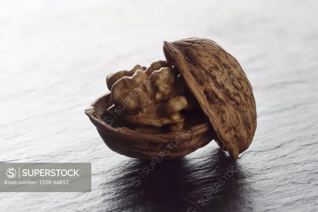 Walnut, cracked   Nuts, Welsche nut, Juglans regia, stone fruits, fruit, seeds, kernel, stone kernel, Walnusskern, peel, opened nutshell, thickly-stal...