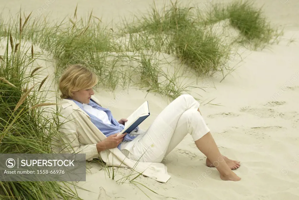 sitting beach, woman, sand, book reading,   Relaxation  Dunes, grasses, recuperation, relaxen, enjoy, resting,  Balance, contentment, leisure time, va...