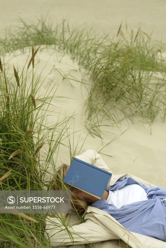 Beach, woman, sand, lie, book,  Face covers, sleeping, relaxation  Dunes, grasses, recuperation, relaxen, enjoy, resting,  Falls asleep tiredness, sle...