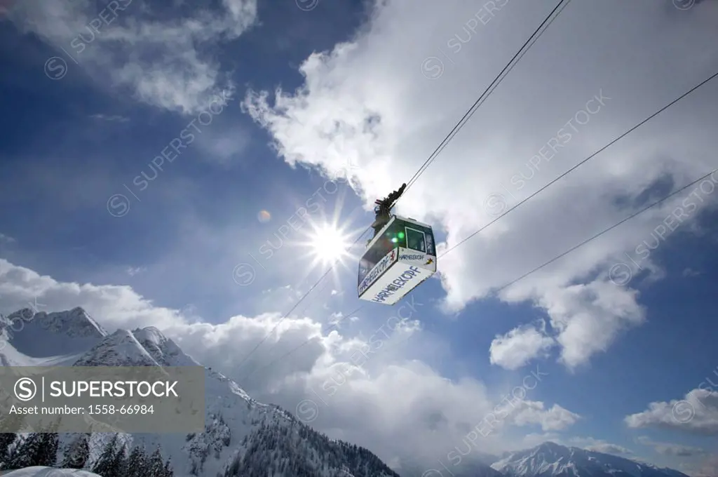 Austria, Tyrol, Seefeld, Skigebiet, Steed cottage, cable railway, gondola, mountain,  Härmelekopf, winters, back light winter sport area, winter sport...