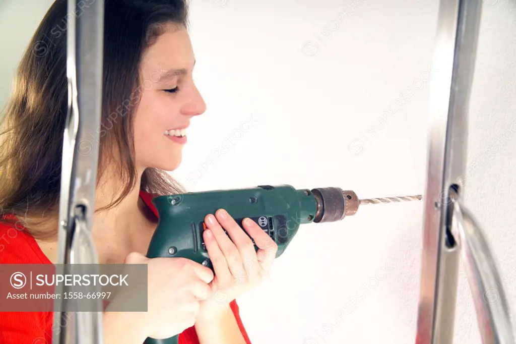 Woman, home works, drill,  Wall, hole, profile, drills   Renovation, renovation performances, crafts, drilling, drills, leaders, detail, smiling, port...