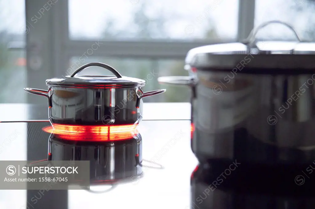 Kitchen, stove, saucepans   Household, kitchen work, electro stove, hotplate, red, glows, cooking, meal, food, prepares, cooks, steel pots, saucepans,...