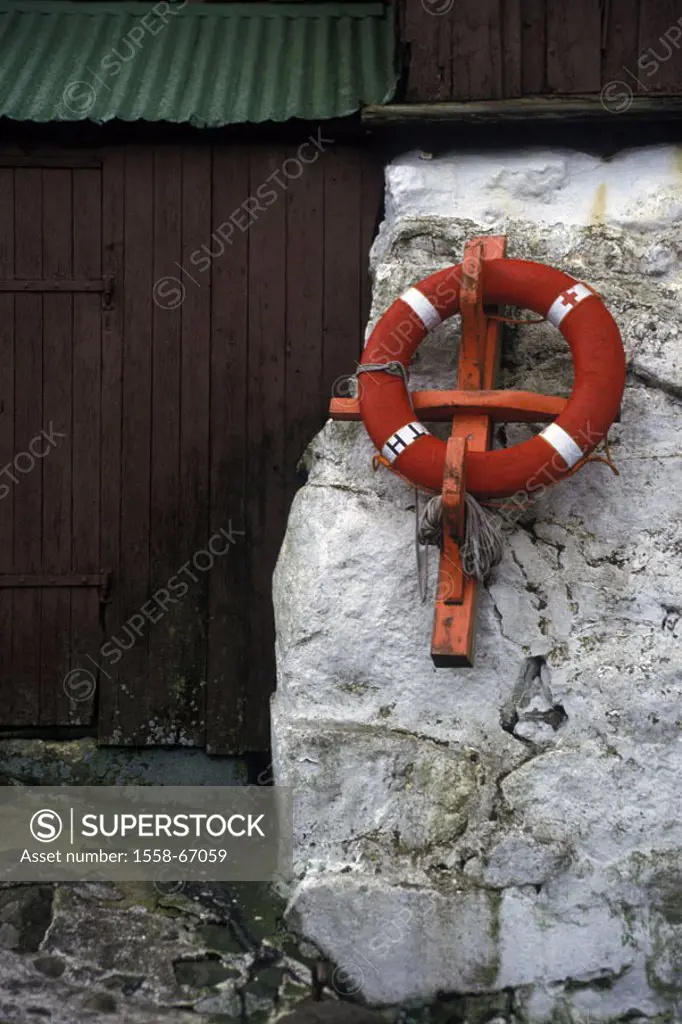 Denmark, Faröer islands, cottage, Stone, life-preserver,  Wood cottage, detail, stone wall, rocks, help, need, distress, rescue, water, rescues coast,...