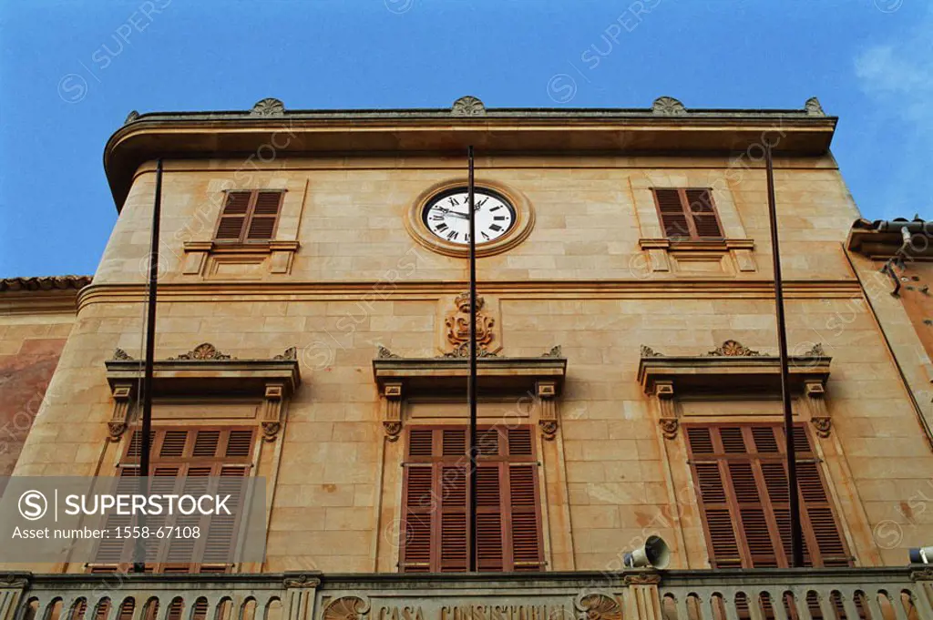Spain, Majorca, Felanitx, town hall, Facade, clock, from below  , island, house, buildings, town hall clock, windows, construction, style, ornamentati...