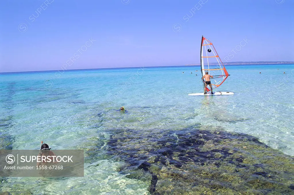 Spain, , island Formentera, Platja de Mitjorn, swimmers, surfers  Europe, Mediterranean island, destination, beach, rocks, vacationers, tourists, bath...