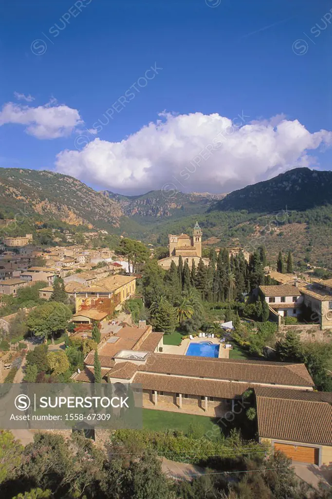Spain, , island Majorca,  Valldemossa, view at the city,  Europe, Mediterranean island, town, church, houses, residences, pool, landscape, surrounding...