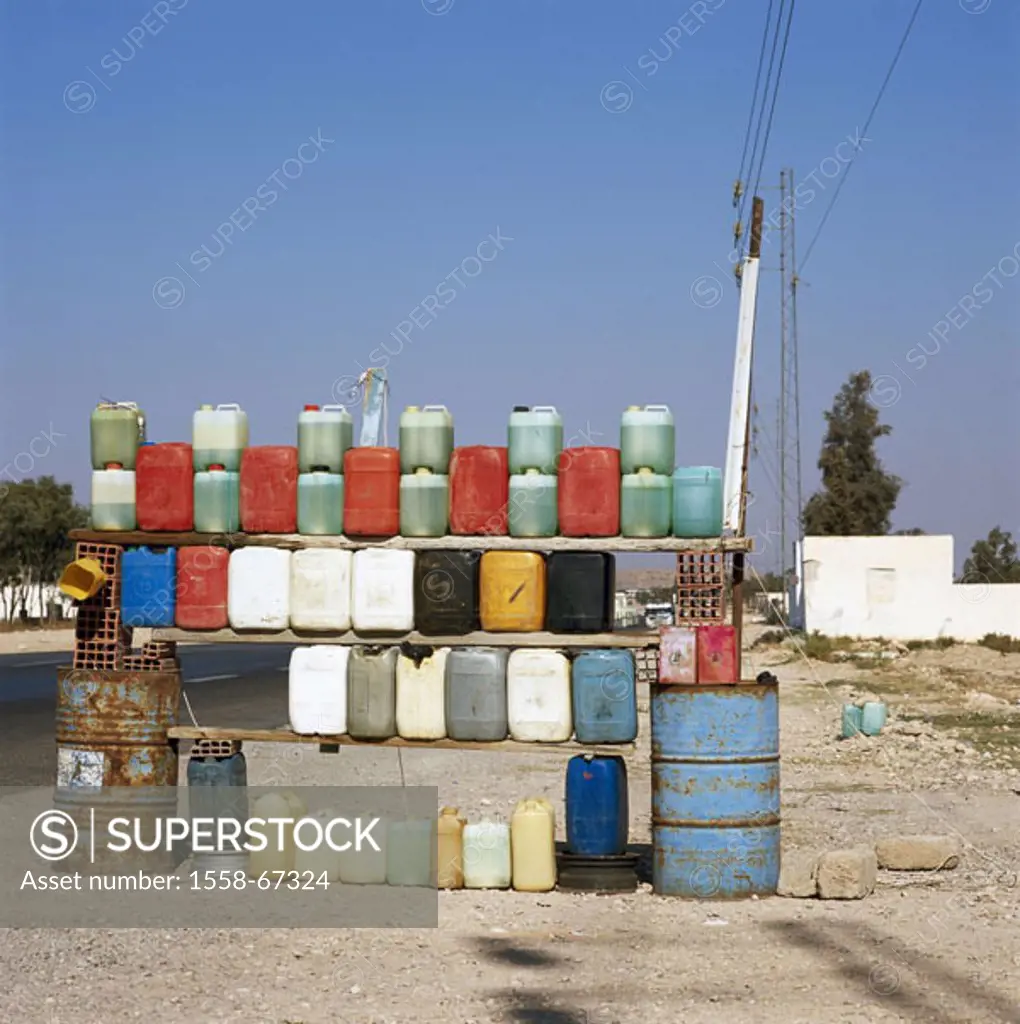 Tunisia, close to Medenine, roadside, Sale, gas,  Africa, South Tunisia, street, traffic, gas sale, Juice sale, gas cans, canisters, juice, economy