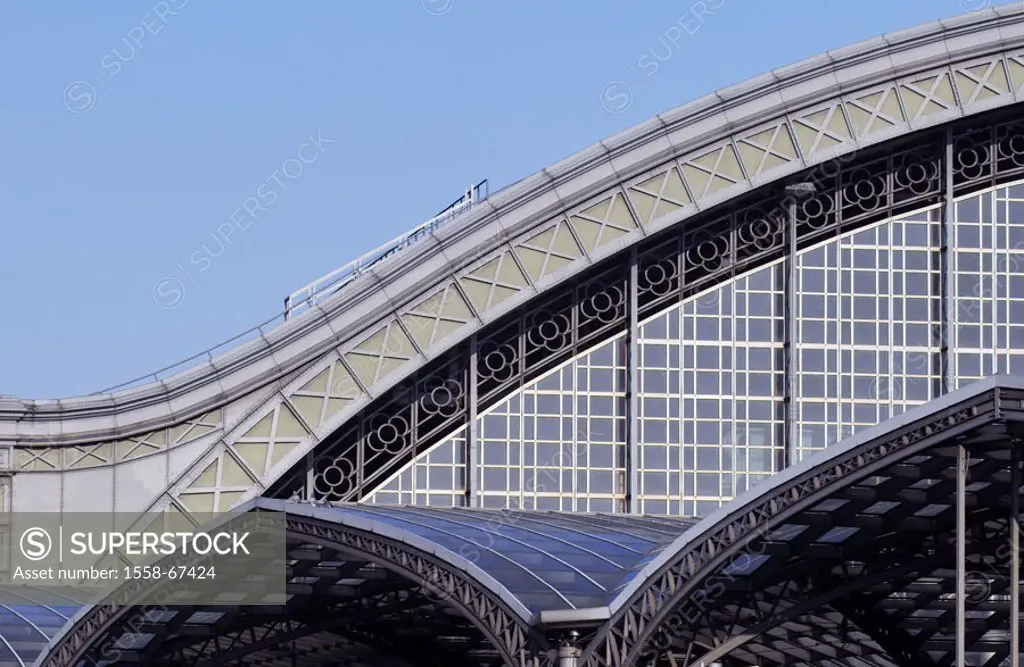 Germany, NRW, Cologne,  Main train station, outside, detail   Railway station buildings, railway station, construction, architecture, concourse, steel...