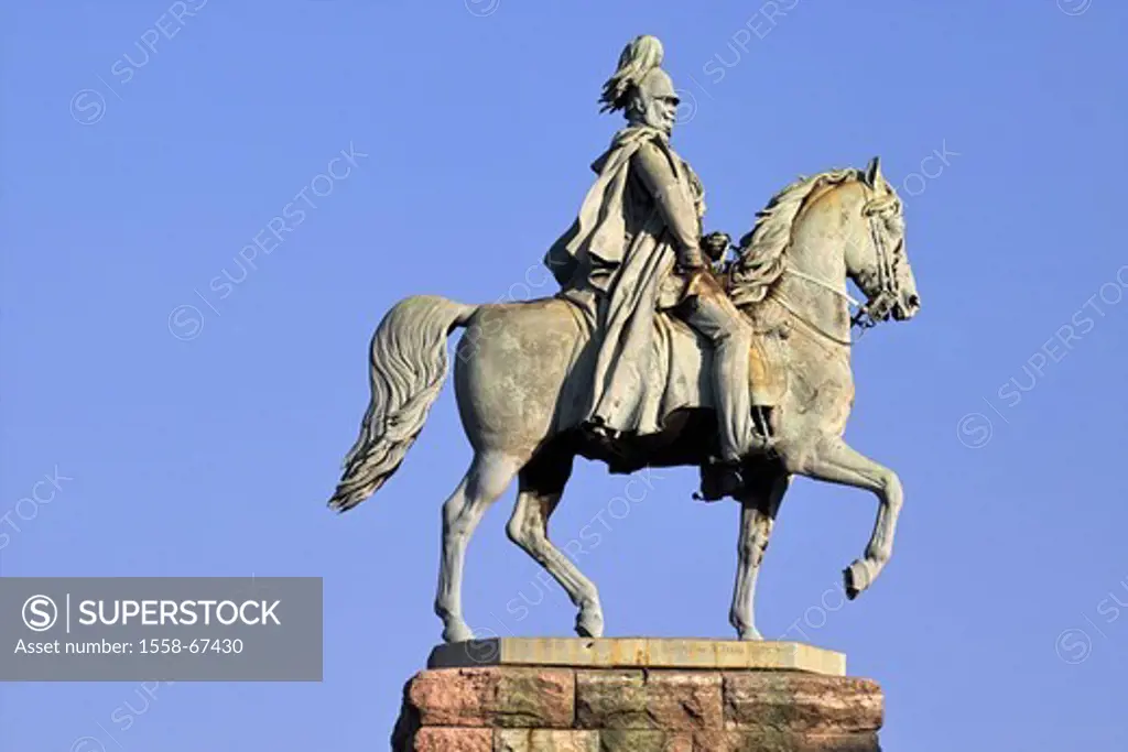 Germany, NRW, Cologne,  Hohenzollernbrücke, Reiterstandbild,   Pedestals, statue, sculpture, horse, riders, emperors, Friedrich Wilhelm IV., azure, so...