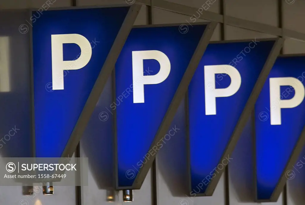 Parking places, signs, blue,  illuminate  Signs, hint, information, parking place, parking facility, Abstellplätze, pictograms, symbol, fact reception...