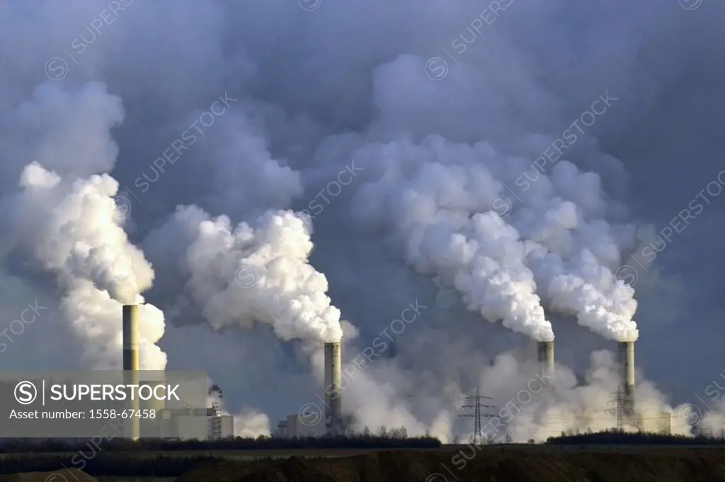 Germany, NRW, Grevenbroich,  Coal-fired power station, chimneys,  Smoke  Power plant, cool towers, industrial installation, Heizkraftwerk, smoke, soot...