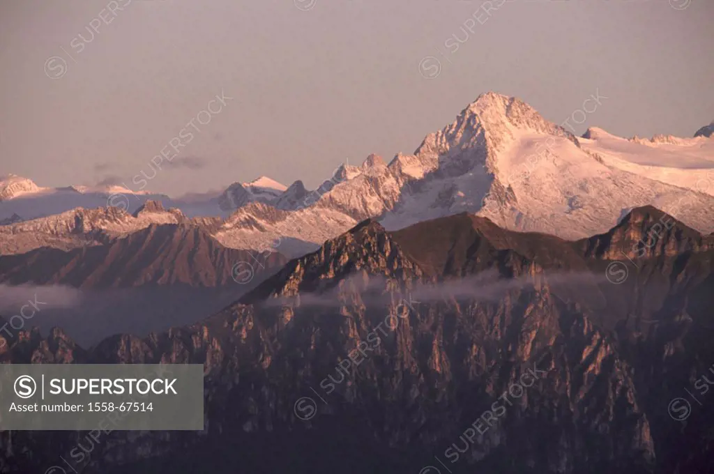 Italy, highland, Adamello group, Adamello summits, 3554 m,  Mountain , mountain massif, mountain, summits, twilight, sunset, alpine incandescence, maj...
