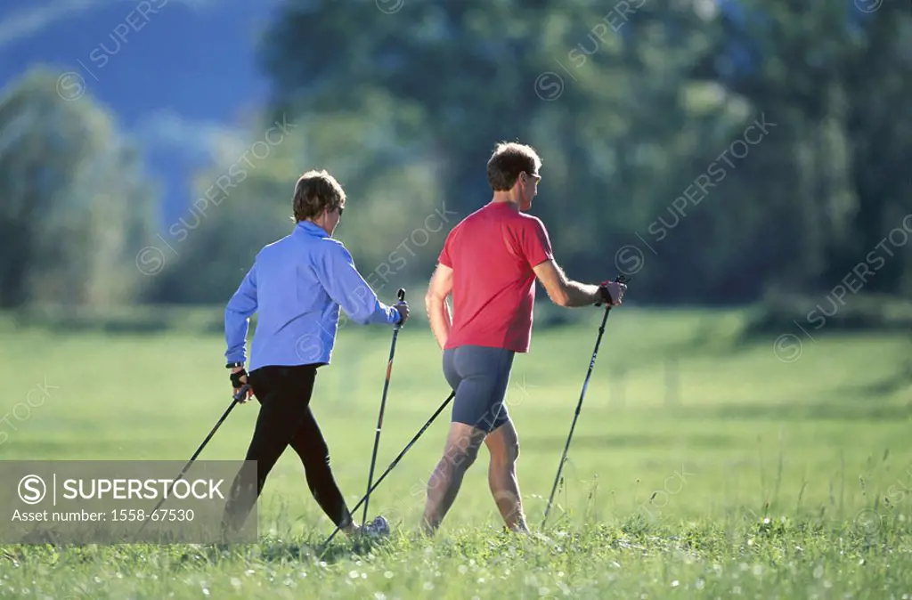Meadow, couple, Nordic Walking   Movement, sport, sport clothing, athletically, sticks run sticks completely use, trend sport, run technology, concept...