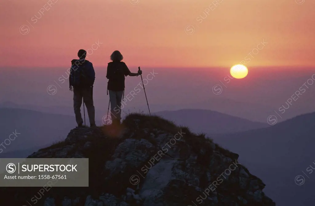 Austria, Carinthia, Nockberge,  Emperor castle, mountain climbers, summits, Silhouette, sunset, couple, hikers, mountaineering, goal, mountain , mount...