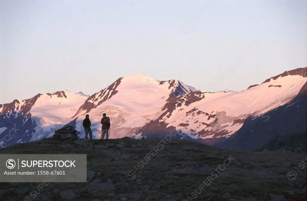 Austria, Ötztaler Alps, Schalfkogel,  3540 m, hikers, silhouette  highland, mountain climbers, two, going mountain climbing, hikes, twilight, twilight...