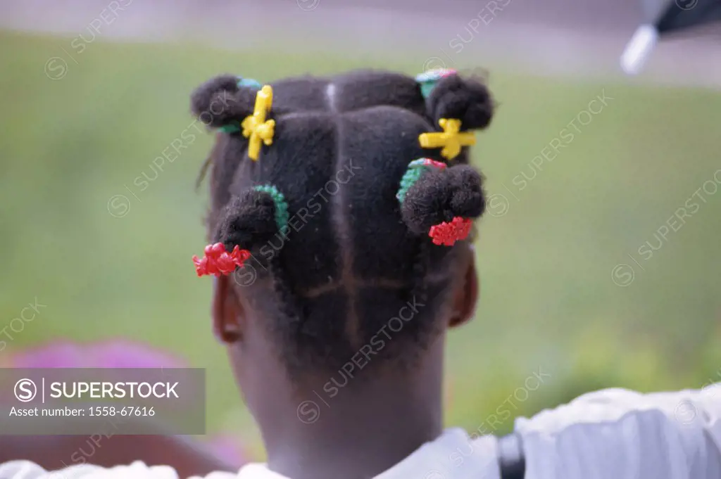 Teenager, people of color, view from behind, Hairdo Girls, hair, hair frill, tamed, tied up, hair knots, knots, divided up, neatly, barrettes, cleverl...