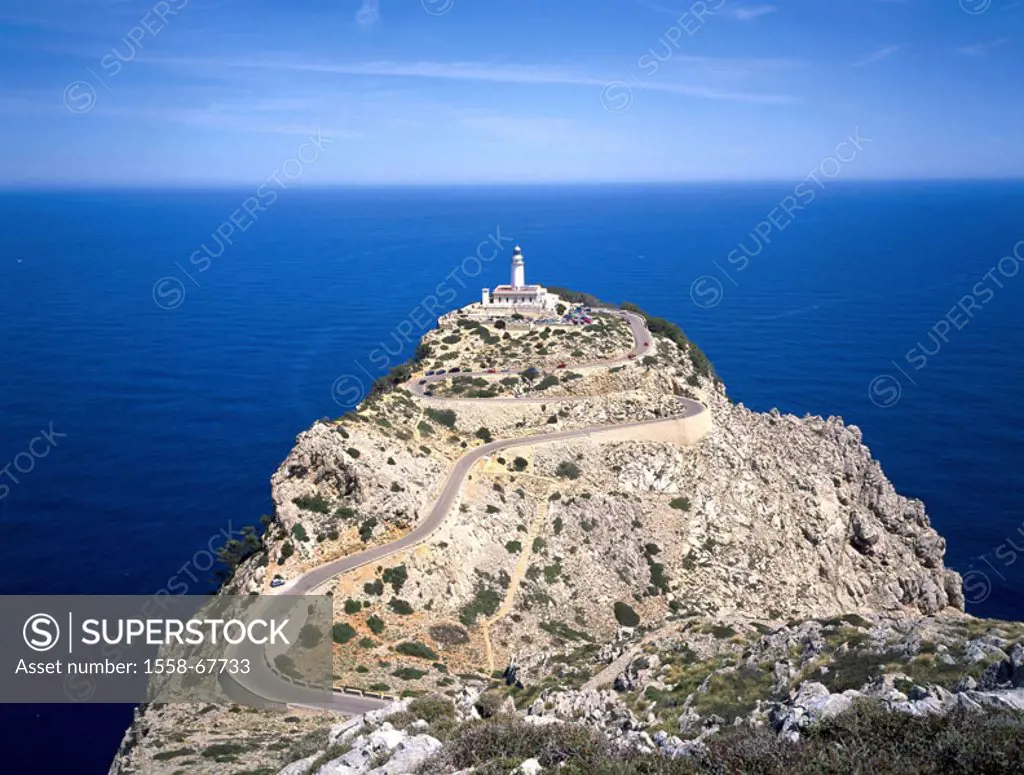 Spain, , island Majorca, Cap,  de forms gate, lighthouse, street  Europe, Mediterranean island, destination, destination, sight, tower, buildings, arc...