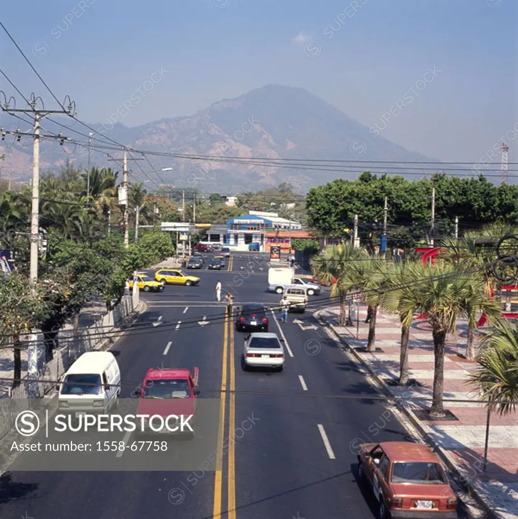 El Salvador, San Salvador, boulevard de loosely heroes, street scene, gaze  Volcano ´San Salvador´ Central America, capital, city, street, traffic, Ci...
