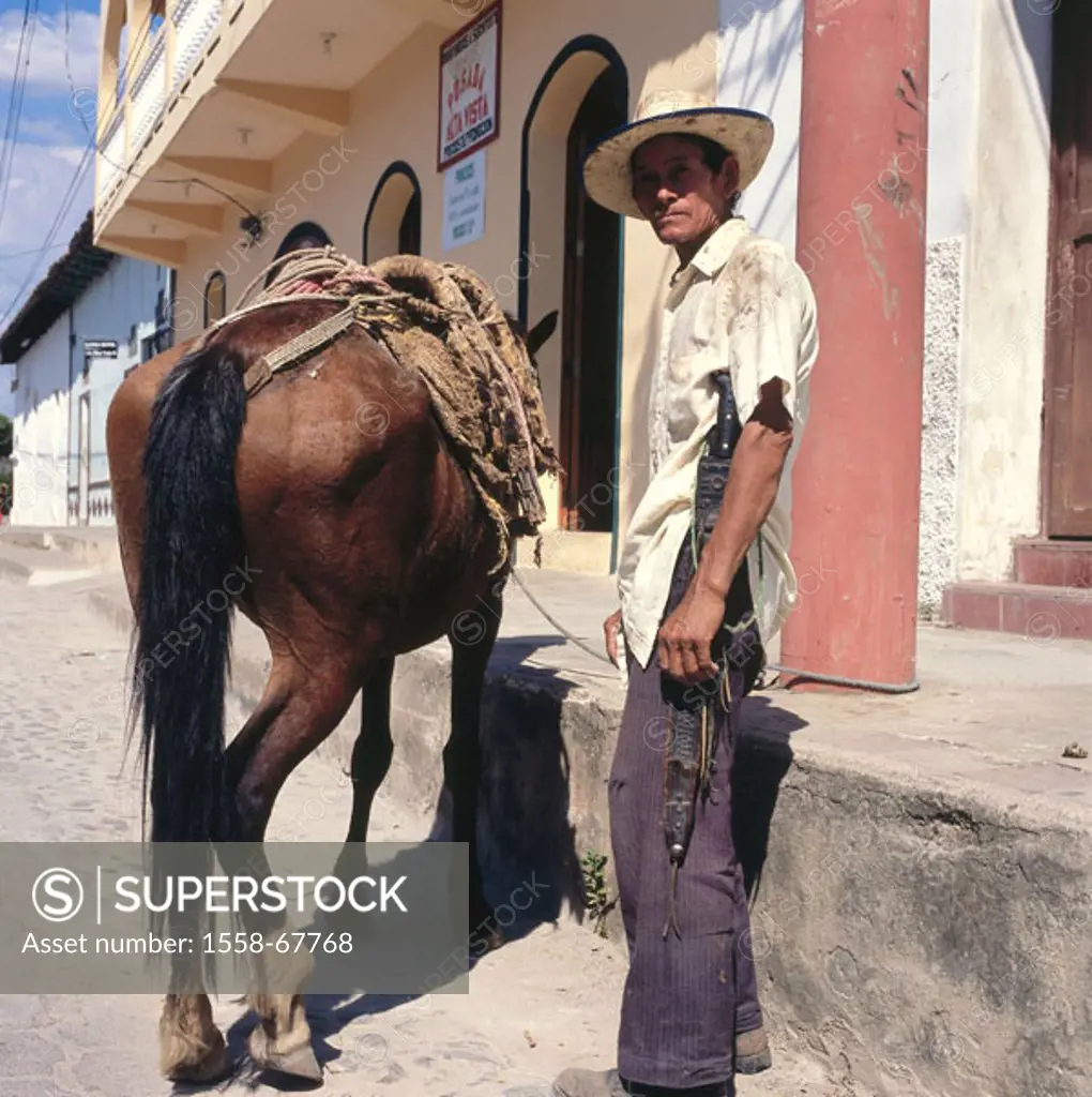 El Salvador, Suchitoto, roadside, Horse, livestock guardians, arms, gaze camera Central America, native, man, hat, headgear, weapon, machete, knives, ...