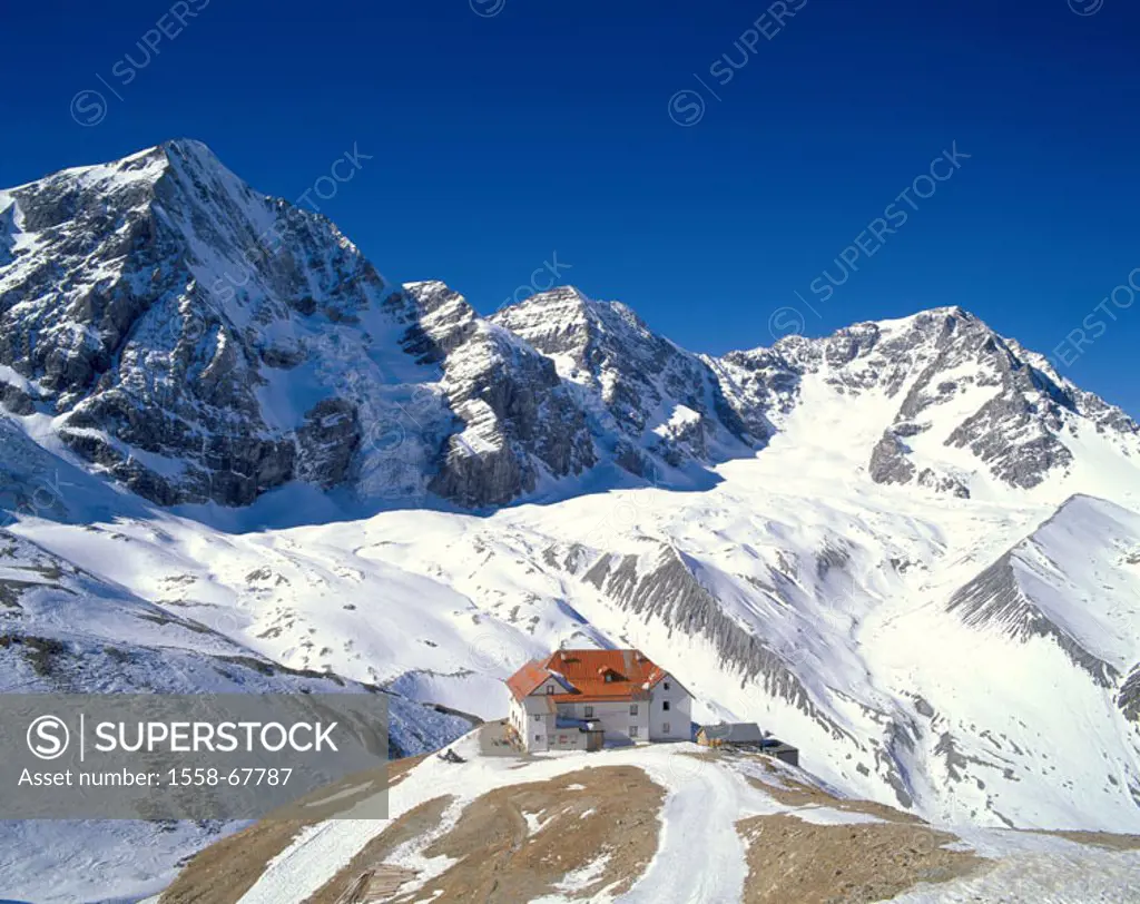 Italy, South Tyrol, highland,  Show brook cottage  Europe, North Italy, Sulden, mountains, mountains, king top, Zebru, Ortler, landscape, snow, sunny,...
