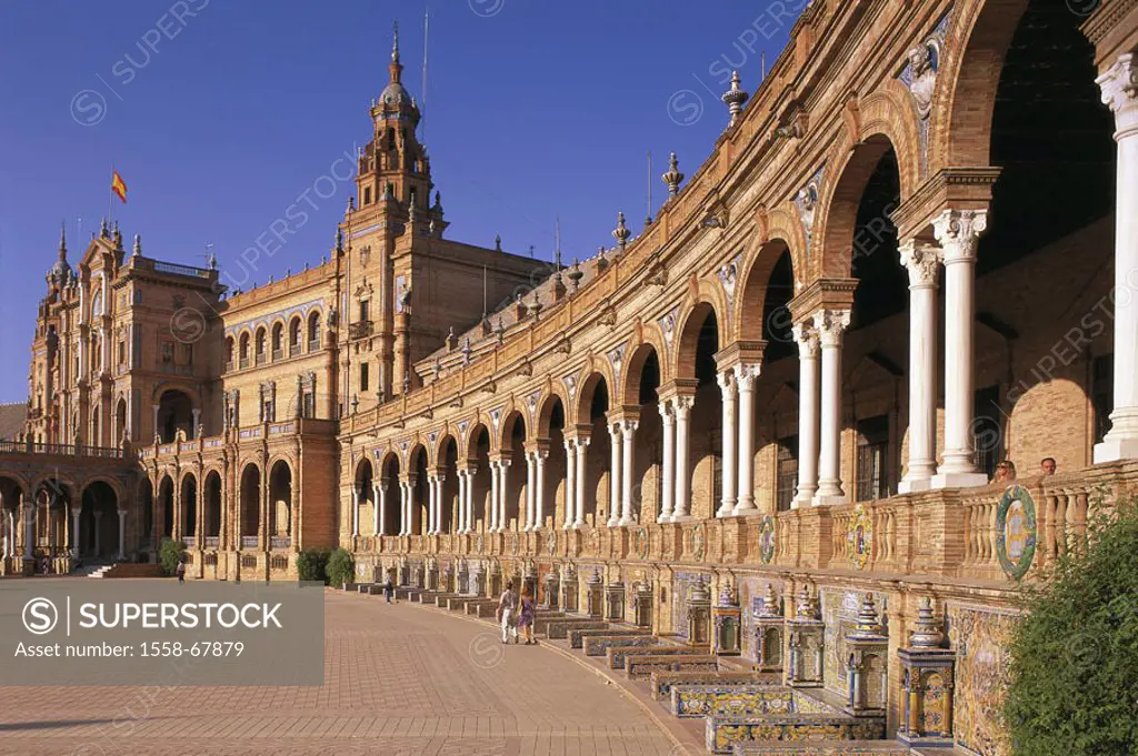 Spain, Andalusia, Sevilla, Plaza,  de Espana, pavilion, detail  Place, Palacio Espanol, construction, buildings, architecture, show pavilion, Spanish ...