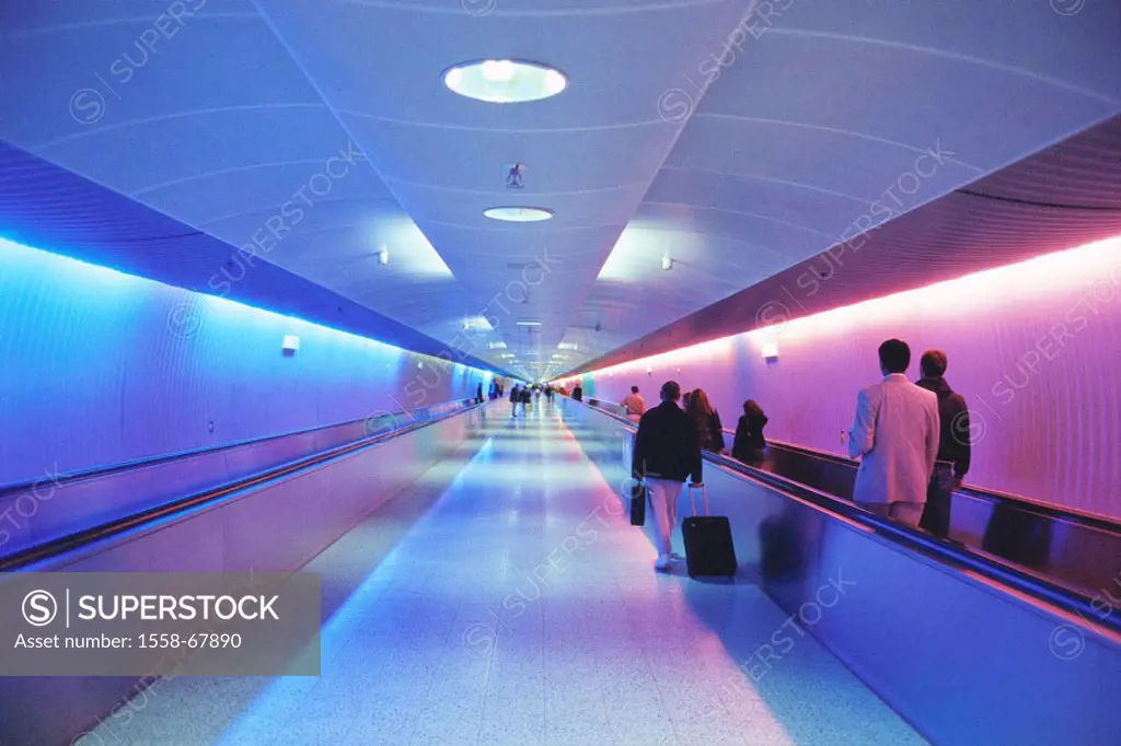 Airport, walk, conveyer belts,  Tourists, view from behind,  Airport buildings, persons conveyer belt, illumination, Interior illumination, gangway, c...