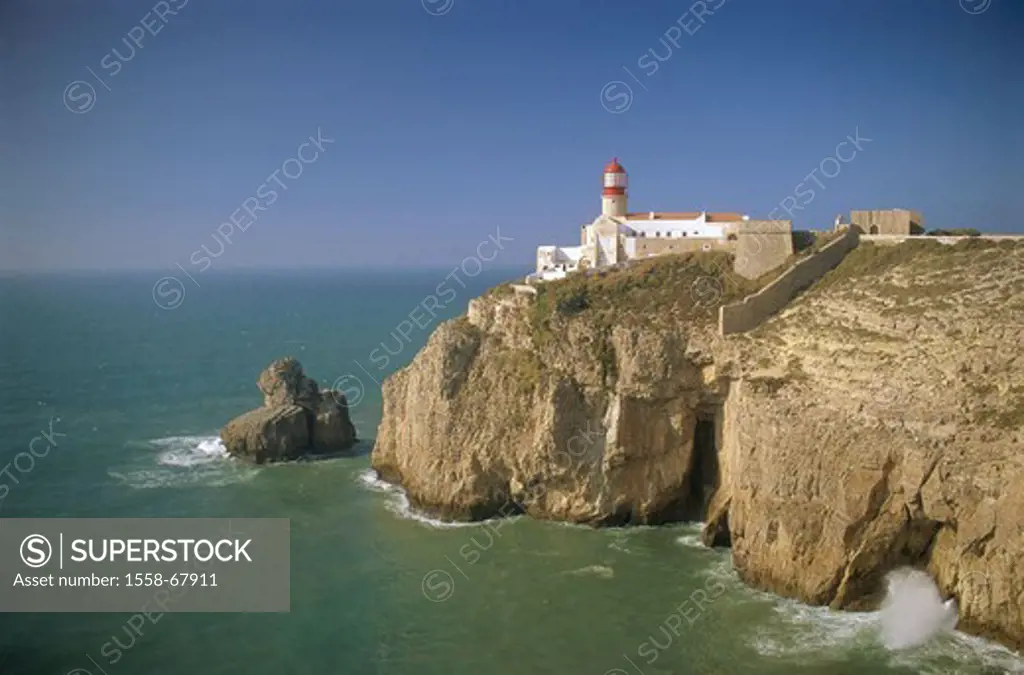 Portugal, Algarve, Cabo de Sao  Vicente, lighthouse,  Coast, steep cliffs, cliffs, rocks, stones, sea, water, waters, ocean, Atlantic, wideness, dista...