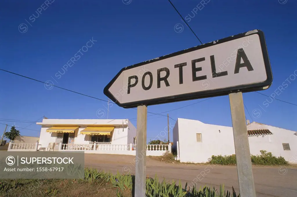 Portugal, Algarve, Straßenschild,  Signposts, Portela,  Street, sign, direction, bearings, sign, Ortsschild, sign, houses, white, sunny, cloudless