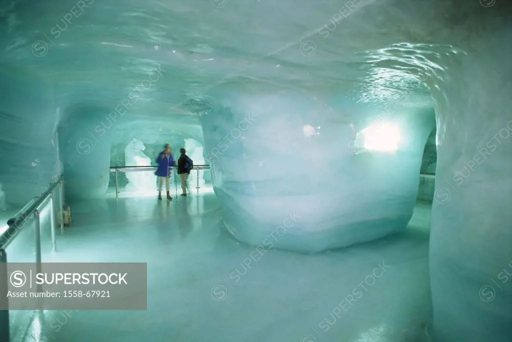 Switzerland, Bernese Oberland, Alps, Virgin yoke, Eispalast, indoors, visitors, people, two, tourists, ice, glaciers, tunnels, walk, cold, freezes, ic...