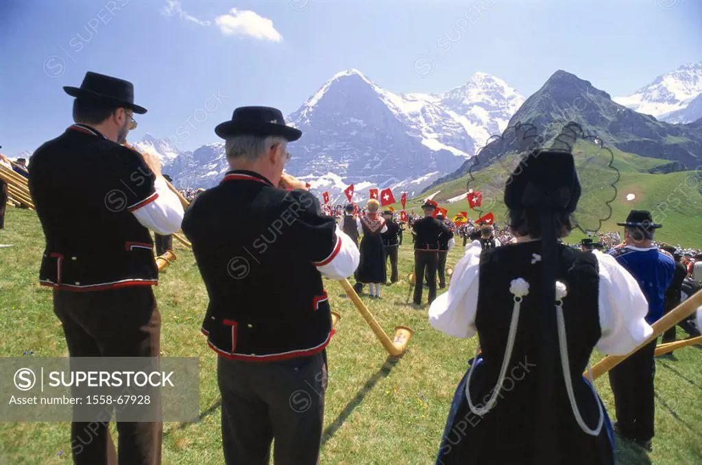 Switzerland, Bernese Oberland, Alps, Male, 2222 m, Alphornbläser  Tradition, music, Alphörner, wind-instrument, wood, mountains, Eiger, 3970 m, monk, ...