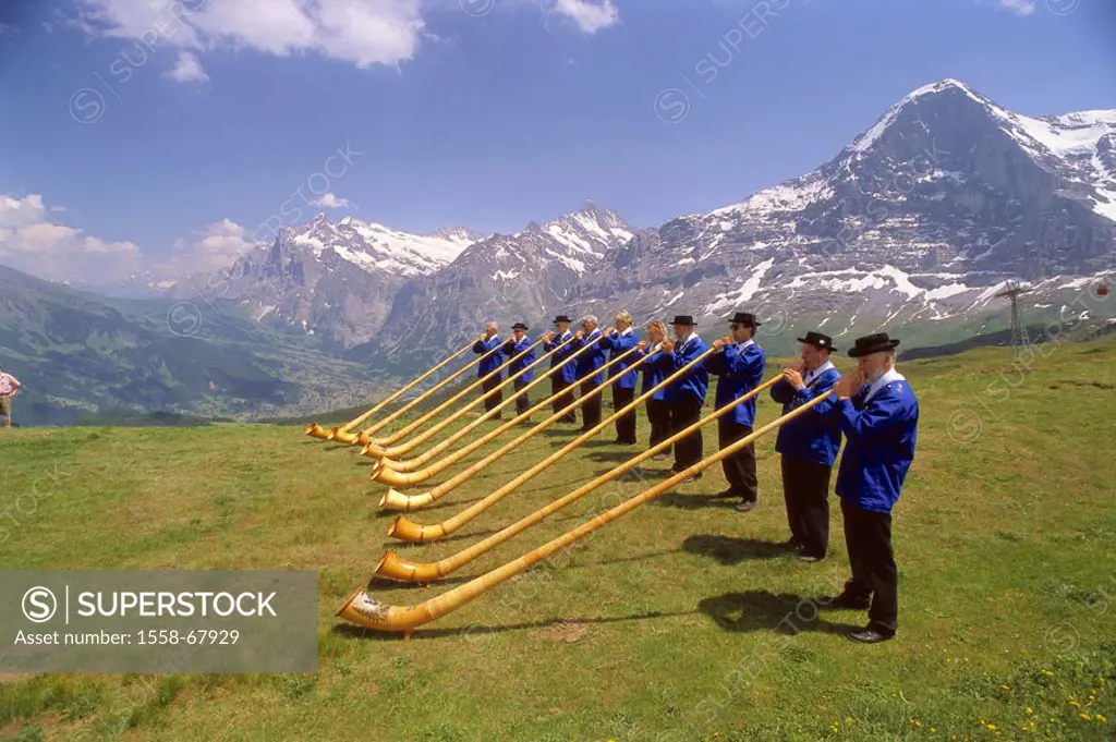 Switzerland, Bernese Oberland, Alps, Male, 2222 m, Alphornbläser  Tradition, music, Alphörner, wind-instrument, wood, mountains, Eiger, 3970 m, monk, ...