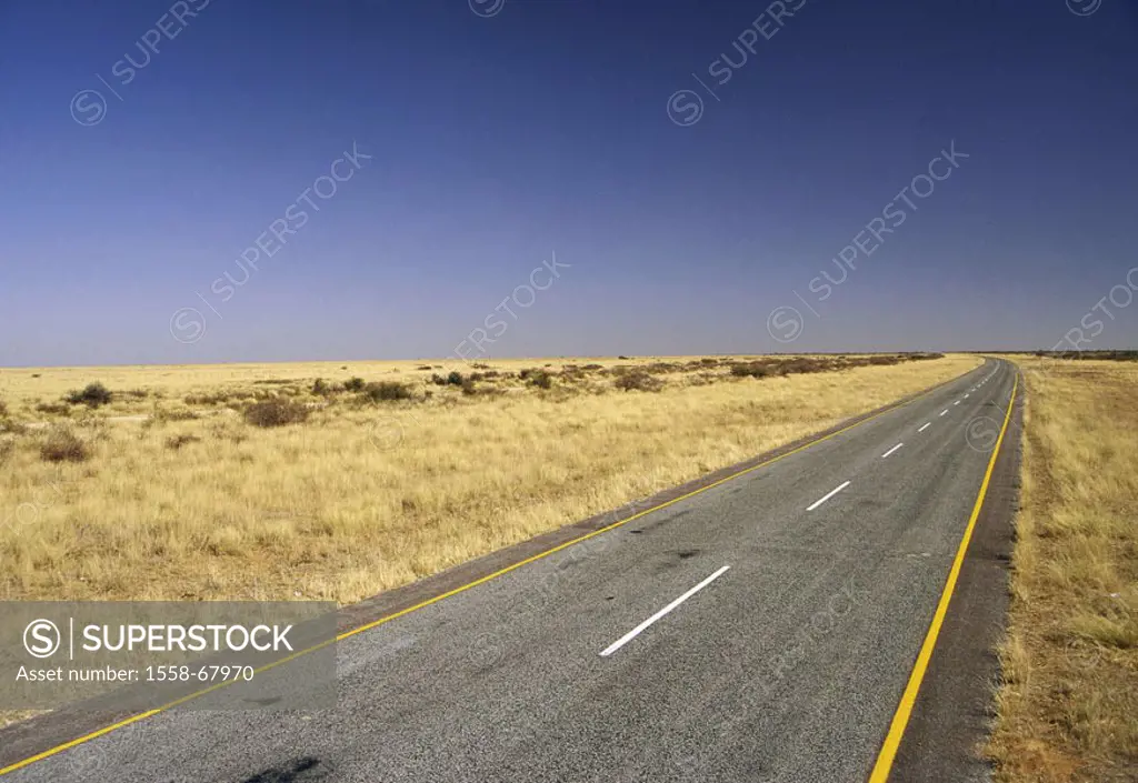 Botswana, Kalahari Highway,   Africa, Kalahari, desert, desert street, street, tar, street marking, traffic, marking, long, secreted, indefinitely, lo...